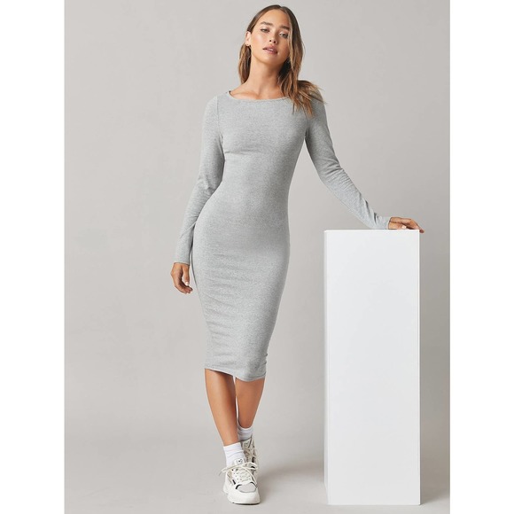 long sleeve fitted Solid Bodycon Midi Dress black - Picture 10 of 11